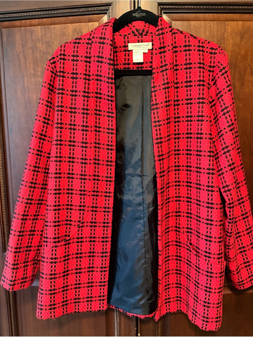 Coldwater Creek Red and Black Plaid Open-Front Jacket
